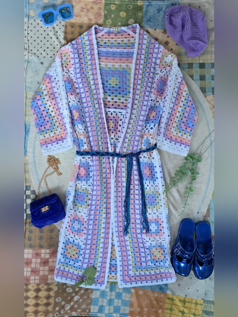 POL Pastel Crochet Granny Square Duster Kimono Cardigan OSFA - Picture 14 of 17